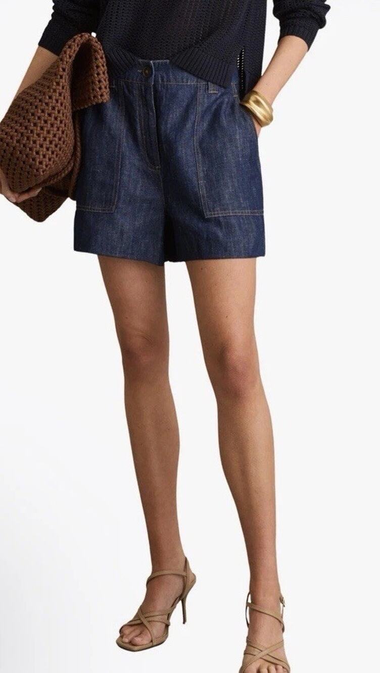Reiss Ashby Linen Shorts Denim High Waisted Sz 2 NWT $175